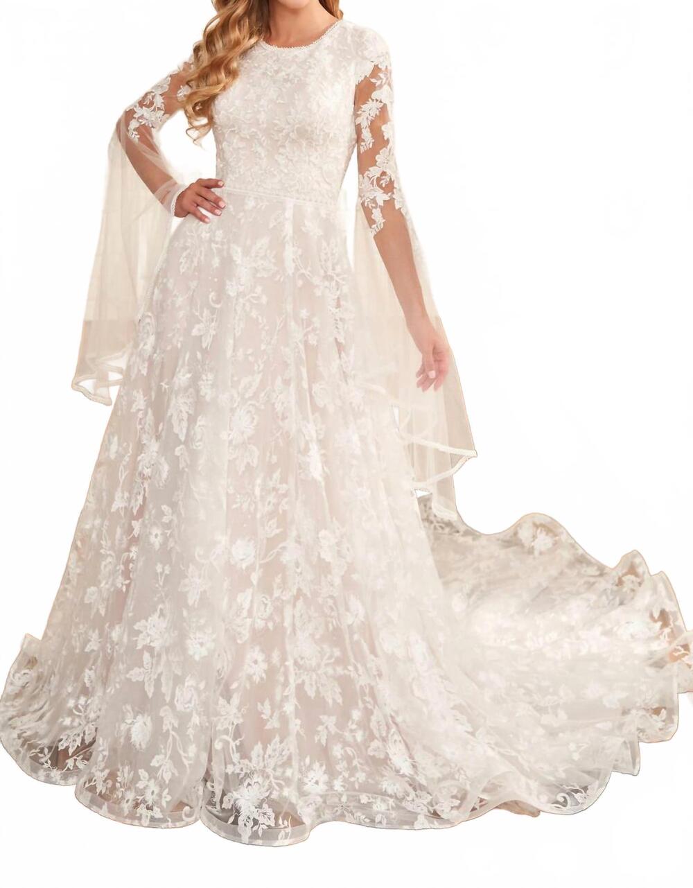 NEW MON CHERI long sleeve lace & tulle wedding dress in ivory/tea rose